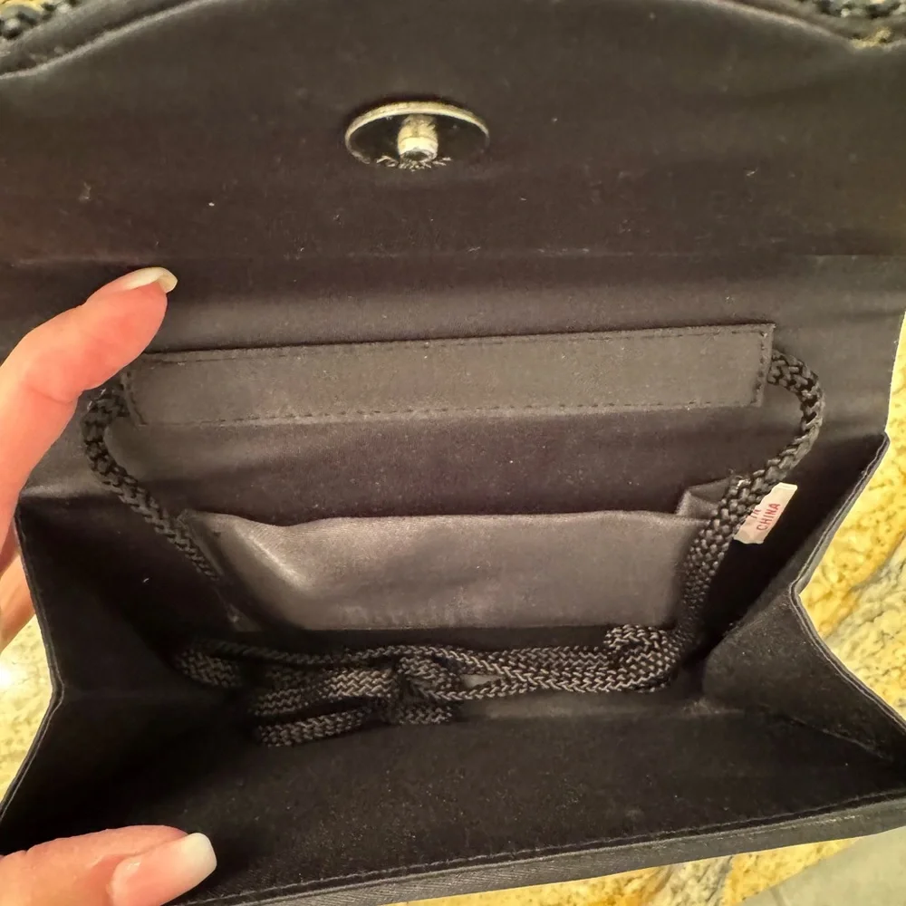 Black satin evening clutch or crossbody scalloped flap rhinestone trim 7.5”